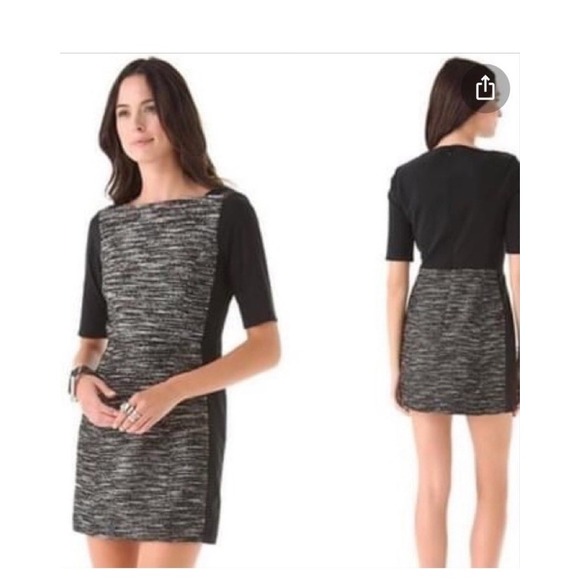 Tibi‎ CAREER Black & White Tweed Square Neck Mini Short Sleeve Dress, Size 6 GUC - Picture 1 of 9